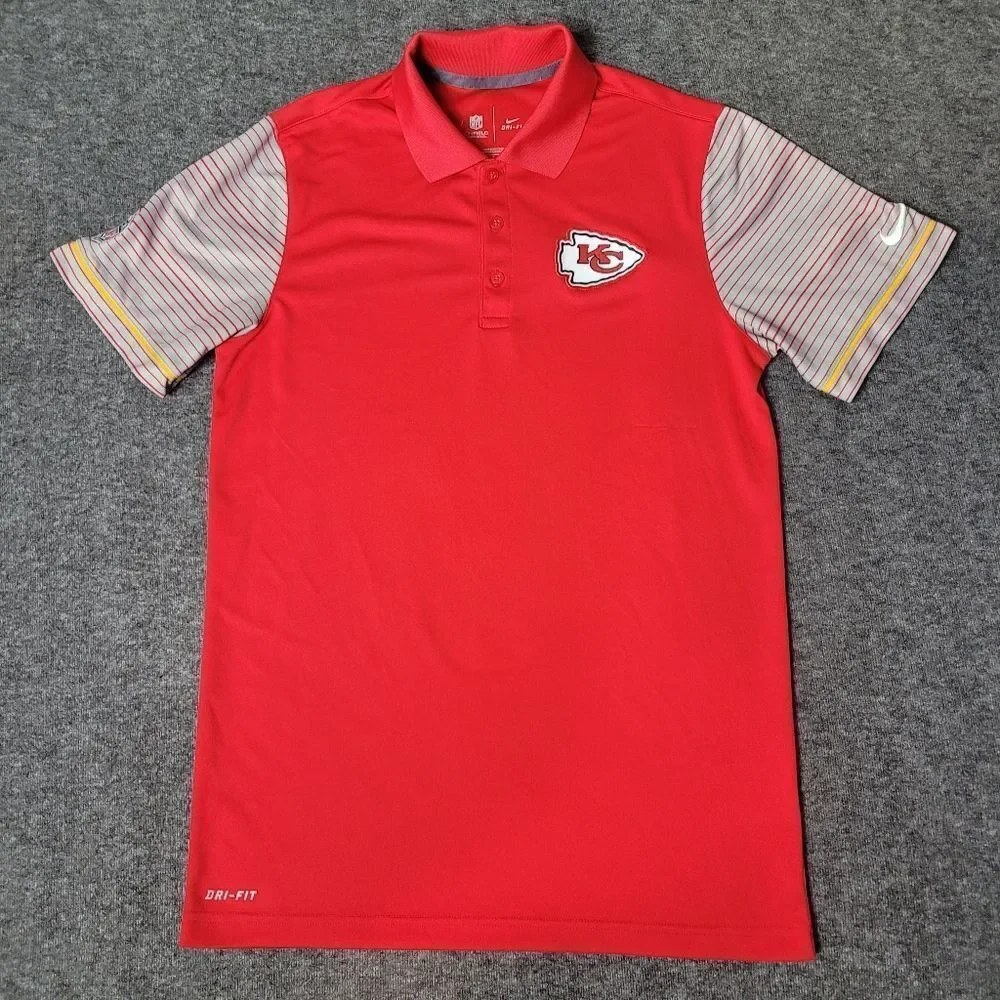 Nike Dri Fit NFL Kansas City Chiefs Mens Size S Polo Shirt Red Stripe Sleeve